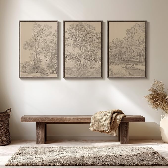Framed Neutral Vintage Landscape Wall Art for Living Room, 3 Piece Large Tree Sketch Rustic Canvas Artwork for Walls, Brown Forest Wabi Sabi Farmhouse Wall Decor for Bedroom Hallway Office, 20x30 Inch