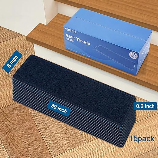 Stair Treads for Wooden Steps Indoor, 15 Pack 8" X 30" Non Slip Carpet Stair Treads with Reusable Adhesive for Kids Elders and Dogs, Surface Polyester TPR Backing Stair Rugs,Navy