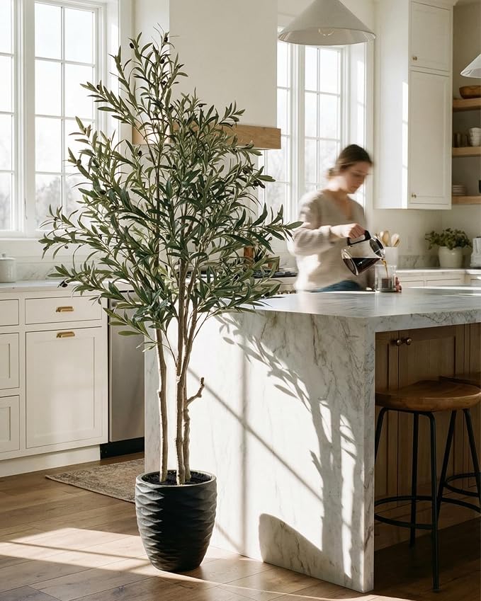 KOL 6ft Artificial Olive Tree Indoor, Tall Faux Olive Trees, Fake Olive Tree Floor Plant for Home Office Living Room Decor with Matte Black Pot