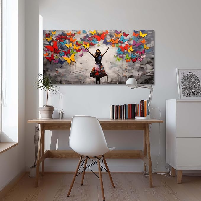 Graffiti Girl Wall Art for Living Room Canvas Oil Painting Prints Beautiful Butterfly Dream Art Deco Modern Artwork Office Bedroom Girls Dormitory Dining Room Decor Extra Large