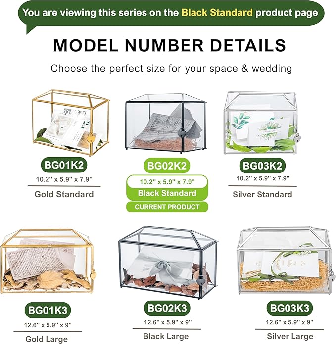 NCYP Small Wedding Glass Cards Box with Slot and Lock, 10.2 x 5.9 x 7.9 Inch, Black Geometric Cards Holder for Birthdays Party Reception, Wishing Well - Slot Length 6.3'' (Glass Box Only)