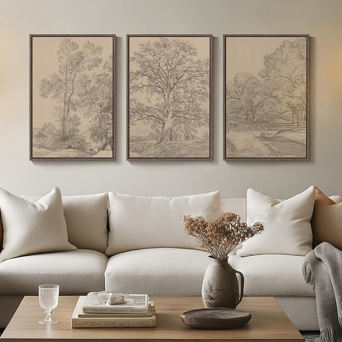 Framed Vintage Tree Sketch Set of 3 Wall Art for Bedroom, Neutral Landscape Antique Brown Canvas Artwork for Walls, Wabi Sabi Forest Rustic Wall Decor for Living Room Hallway Office Kitchen, 16x24 In