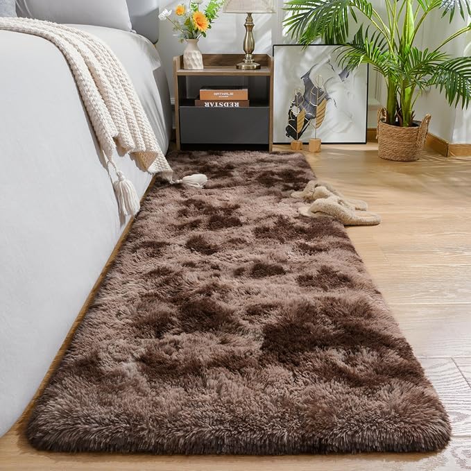 AROGAN Shag Brown Area Rug for Bedroom, 4x6 Feet Washable Non-Slip Modern Indoor Floor Carpet, Plush Memory Foam Beside Rug for Kids Girls Teens Room Low Pile Decor, Coffee