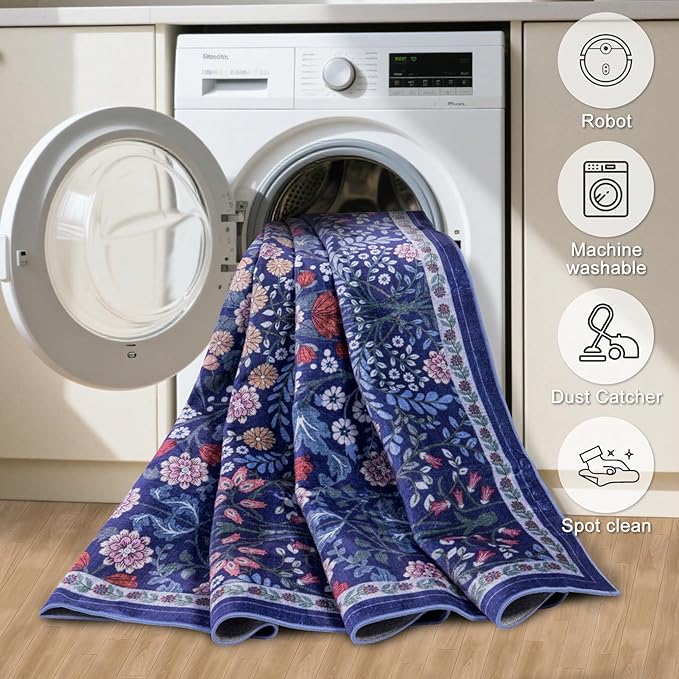 Runner Rug for Entryway: 2x5 Kitchen Rugs Non Slip Washable Ultra-Thin Soft Floral Carpet Indoor Floor Stain Resistant Carpets for Hallway Bedroom Kitchen Laundry Bathroom Dorm Blue