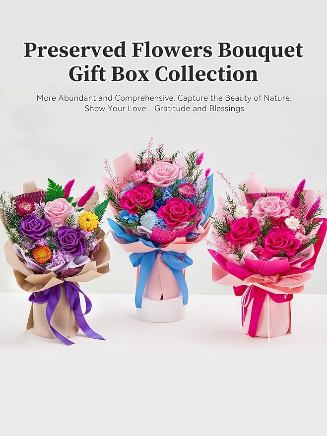 Forever Flowers Gifts for Mom, Mothers Day Preserved Flowers Bouquet Birthday Gifts for Her, Preserved Roses for Grandma Wife Anniversary Valentines Day Christmas (Purple Paper)