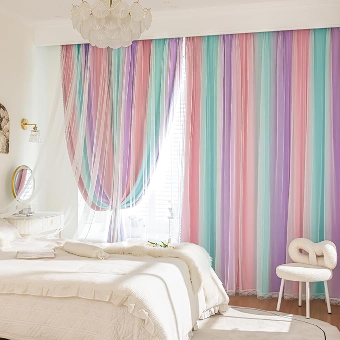 XiDi 100% Blackout Curtains for Girls Bedroom 63 Inches Long 2 Panels Colorful Rainbow Nursery Kids Curtains with Sheer Overlay Unicorn Wall Decor Princess Grommet Drapes Pink Purple Green 52W x 63L