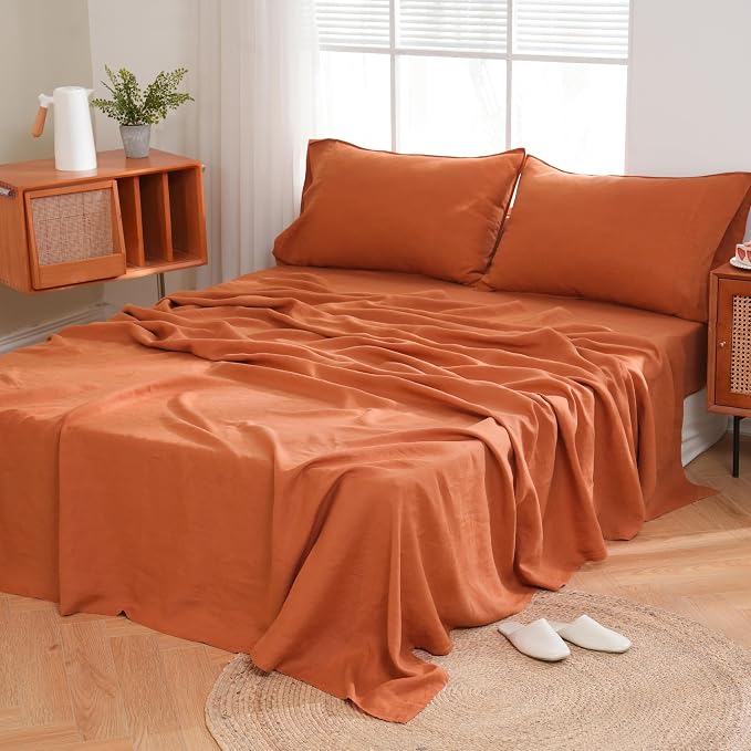 Linen World 100% French Natural Linen Pillowcase Set of 2 - Stone Washed Moisture-Absorbing King Size(20''x40''),Rust