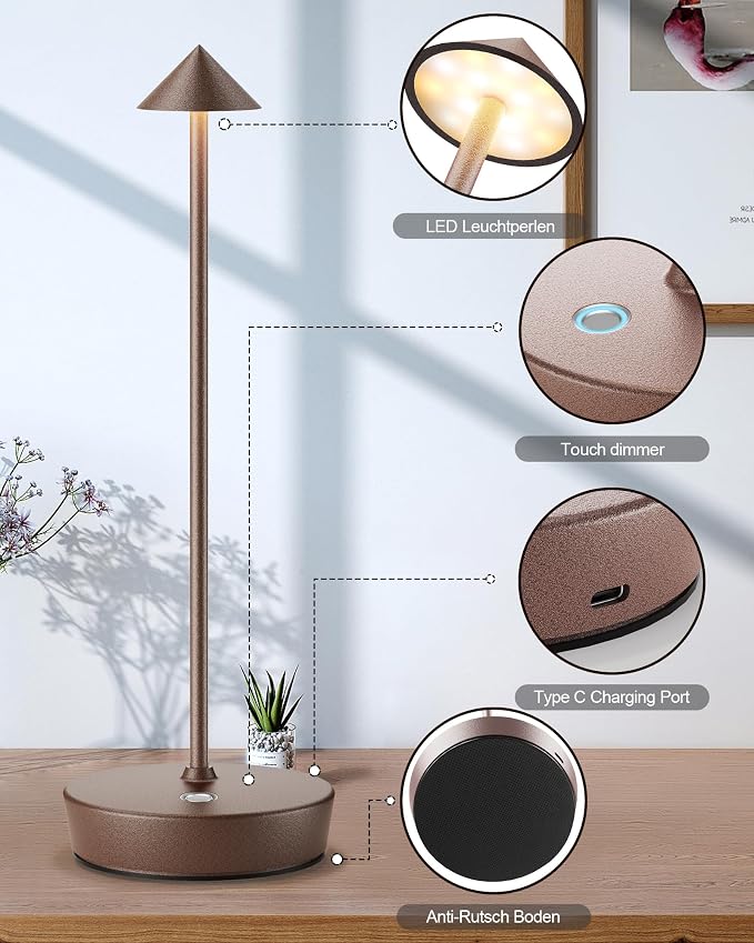 Cordless Table Lamps Rechargeable, 6000mAh Battery Operated LED Desk Lamp Outdoor Waterproof Portable Touch Dimmable Table Night Light for Patio Restaurant Dining Home Rust