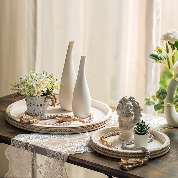 Hanobe Large Round Decorative Tray: 45cm White Coffee Table Beaded Tray Circle Rustic Big Wood Trays Decor Farmhouse Ottoman Vintage Centerpiece Serving Home for Counter
