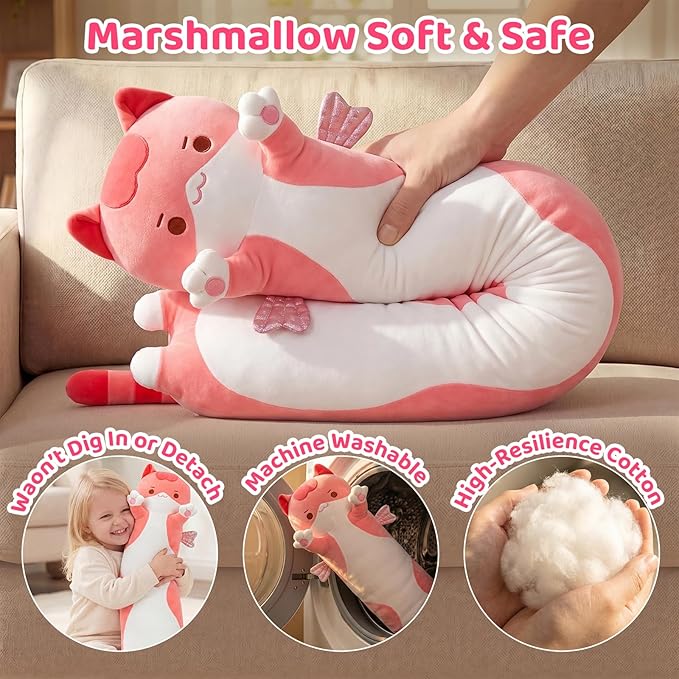 Mewaii Long Cat Plush 5 Sizes, 120% Extra Filling Giant Plushness Kids Body Pillow, Kawaii Cute Pink Cat Stuffed Animals Plushies, Big Long Body Pillow Cat Plush Gift for Girls 28”
