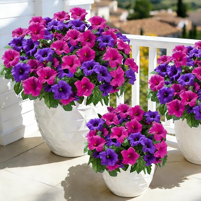 MARTINE MALL Artificial Flowers for Outdoors, 4 Bundles Realistic Fake Outdoor Flowers, UV Resistant Silk Petunia Flower for Outside Look Real Faux Flower Plant for Outdoor Porch Decor, Purple+Fuchsia