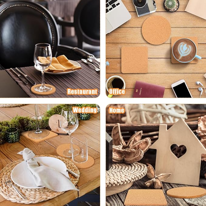 Yaomiao 100 Pcs Cork Coaster Bulk 4 Inch Wooden Coaster Set for Drink Tea Coffee Blank Absorbent Heat Resistant Reusable Home Table Round Square Friend Warm Gift DIY Craft Cafe Kitchen