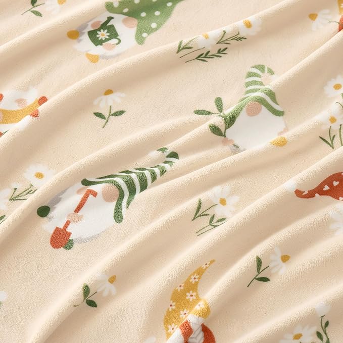 Cozy Bliss Gnome Spring Throw Blanket - Garden Daisy Floral Design, Warm MilkyPlush Throw Blankets, Ultra Soft Cozy Blankets for Couch, Sofa and Bed, Beige, 50X60inches