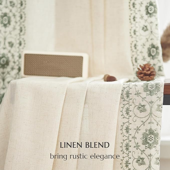 jinchan Weslie Boho Curtains for Bedroom 4 Pack Sage Green Vintage Floral Farmhouse Curtains 63 Inch Linen Drapes for Living Room Embroidered Light Filtering Drapes Cottagecore Sage on Beige