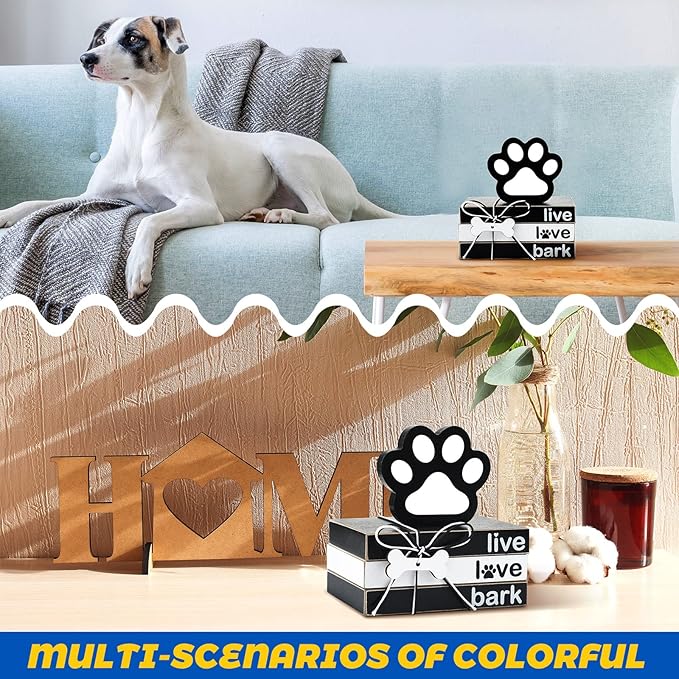 Pinkunn 4 Pieces Wooden Decor Dog Lovers Gifts, Paw Tiered Tray Decor for Table Mini Wood Book Stacks Centerpiece Block Signs for Party Home Room Kitchen Dining Table Shelf Decoration
