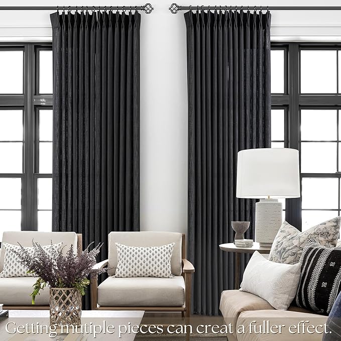 Pinch Pleated Black Curtains 120 inches Long 2 Panels for Living Room Textured Semi Sheer Pinch Pleat Linen Drapes 120 Inch Length with Hooks Rings Black Sliding Door Curtain Light Filtering 10 ft