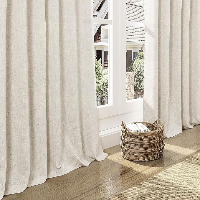 Nanspring Warm Beige Linen Curtains 102 Inches Long Rod Pocket Back Tab Drapes 2 Panels Set for Living Room Bedroom Light Filtering Semi Sheer Warm Beige Curtain 102 Length for Patio Door 52x102