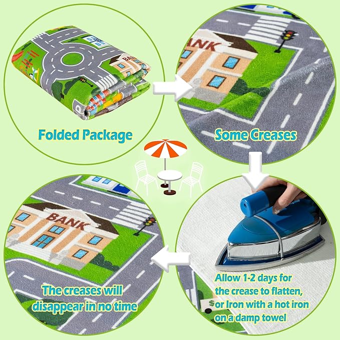 Car Rug Play Mat for Kids Toy Cars, City Road Traffic Playmat for Kid Bedroom, Non-Slip Machine Washable Kids Rugs for Learn and Have Fun 6'x9'/ 72"x108", Green