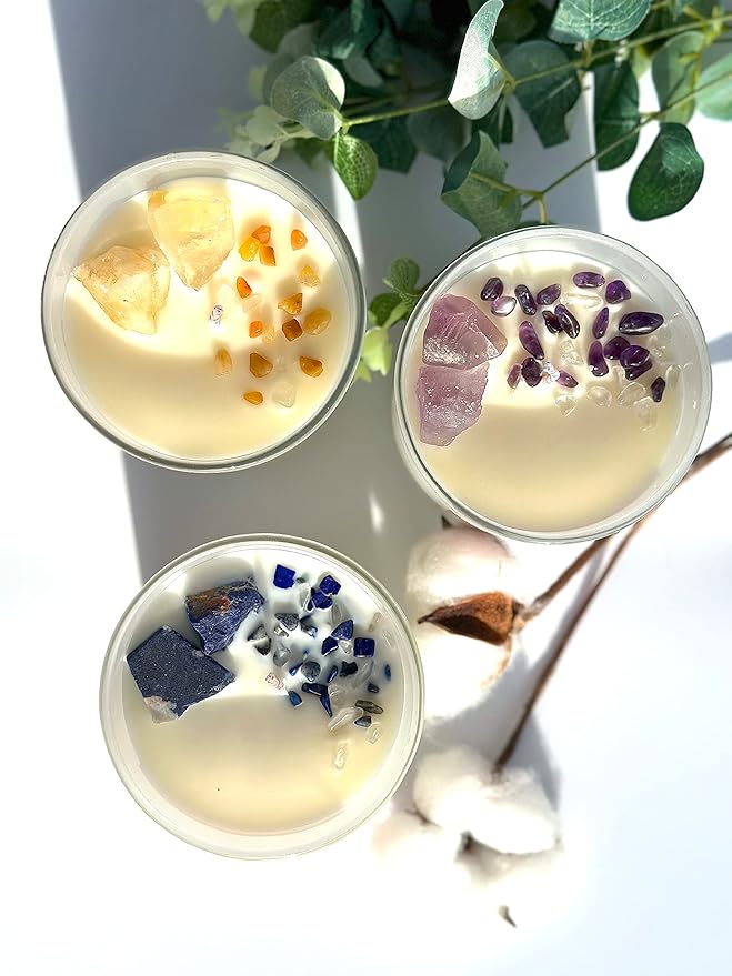 Lazurite Crystal Candle – 10oz / 280g | Amber Ocean Aromatherapy | Hand-Poured Soy Wax | Genuine Lapis Lazuli Healing Crystals Embedded | Power, Wisdom & Luck | Gift Box Included