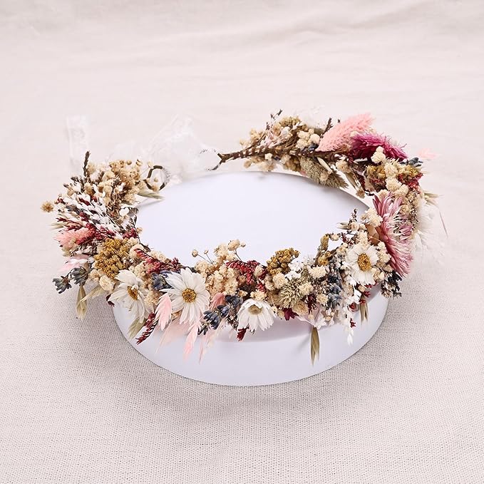 Rustic Preserved Dried Flower Crown Natural Floral Headband with Daisy Cream Mixed Flowers for Women Maternity Brides Bridesmaids Flower Girls Family Photography