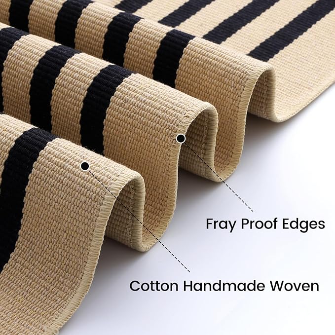 OLANLY Brown and Black Striped Rug 3' x 5' – Washable Cotton Doormat for Indoor Outdoor Use, Layered Front Porch Rug for Entryway, Kitchen, Patio