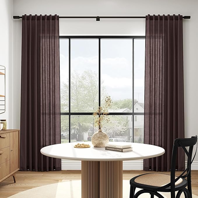 Coffee Brown Linen Curtains 80 Inch Length for Living Room Light Filtering Semi Sheer Curtain Back Tab Rod Pocket Luxury Modern Rustic Home Decor Neutral Drapes for Bedroom Dinner Room 52x80, 2 Panels