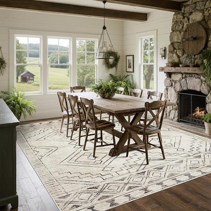 Srugn Washable Rugs 8x10 Area Rugs for Living Room,Bedroom,Dining Room- Large Ultra Soft Faux Wool Retro Carpet,Non Slip&Non-Shedding Low Pile Morocco Rug for Farmhouse Home Office Dorm(Beige-Brown)