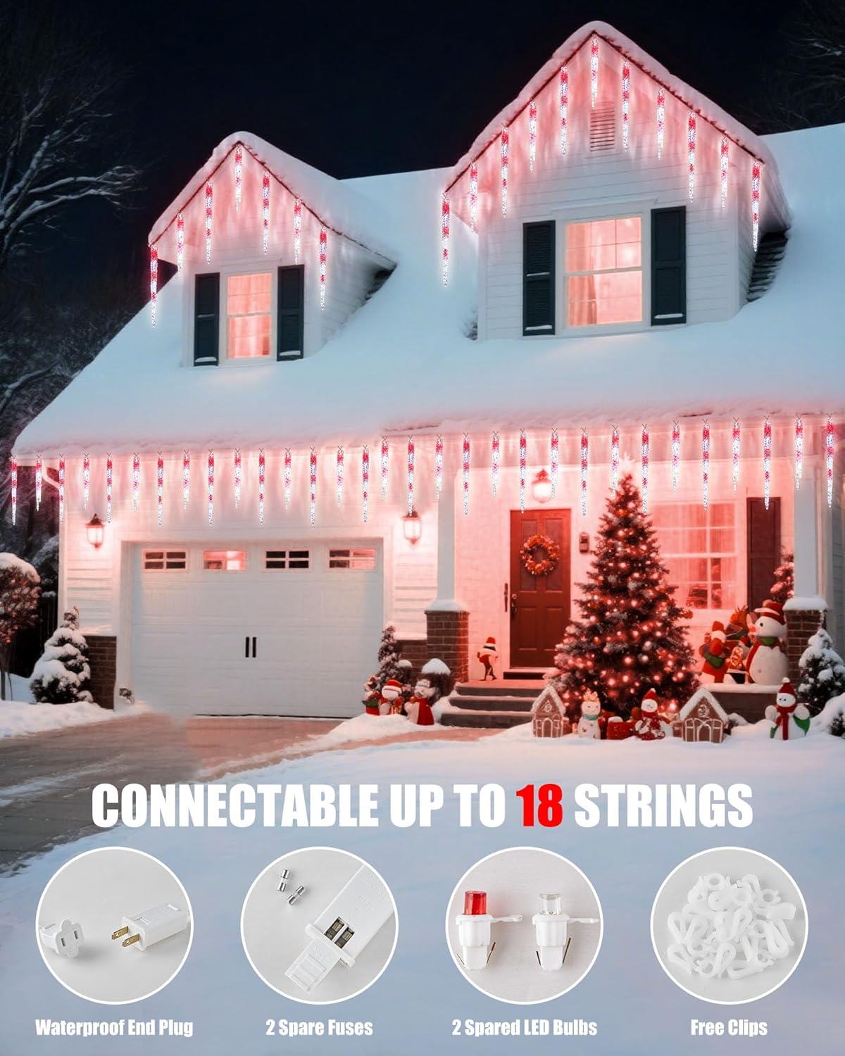 Minetom Icicle Lights Outdoor with Clips, 20ft 100 LED 20 Tubes Twinkling Crystal Icicle String Lights, Connectable Waterproof Hanging Christmas Decorations Plug in for Outdoor, Red and White