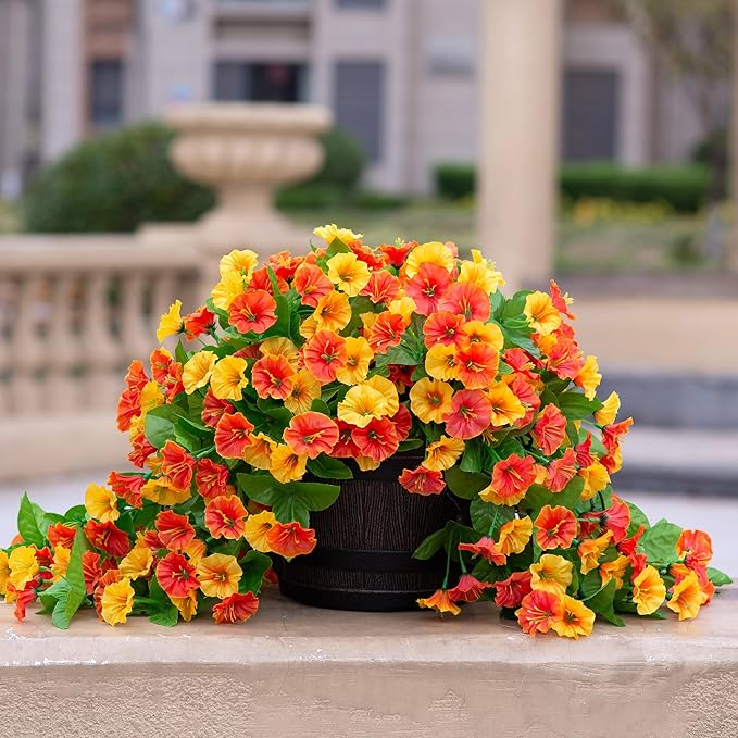 INXUGAO Artificial Flowers with Hanging Basket, Outdoor Faux Plants Silk Morning Glory Vines, Fake Green Arrangement for Garden Patio Spring Summer Decor(4pcs,Orange)