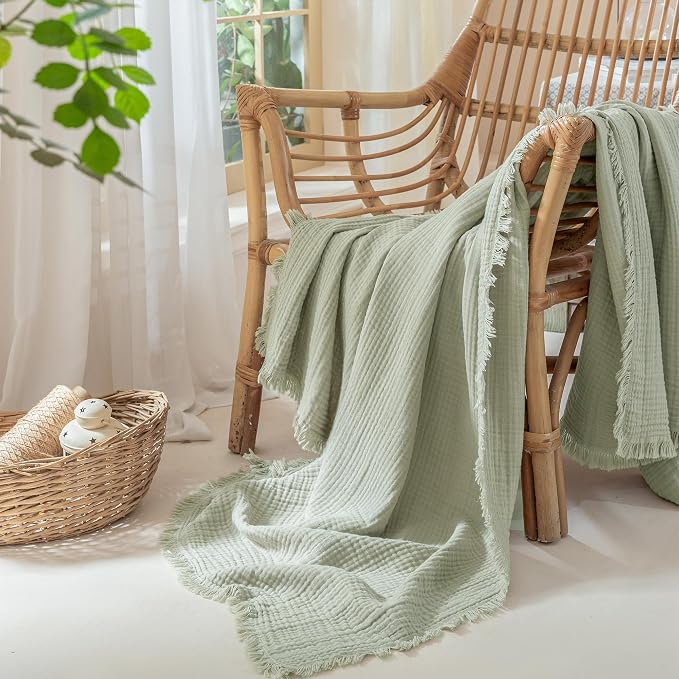 Muslin Fringe Blankets for Adults: 100% Cotton Cloud Soft | 4-Layer Gauze Breathable Lightweight All Season Throw Blanket for Bed Couch Sofa Office
