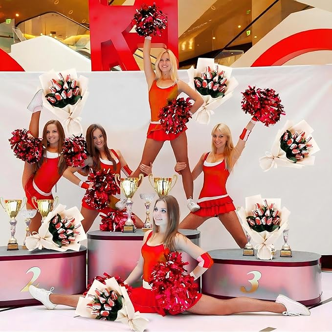 Suhine 12 Pcs Red Cheer Gifts Cheerleader Cheerleading Artificial Rose Flowers Gifts Bulk for Women Cheer Team Sport Game Day Birthday Graduation Party Decorations Favors (Red White, Normal)