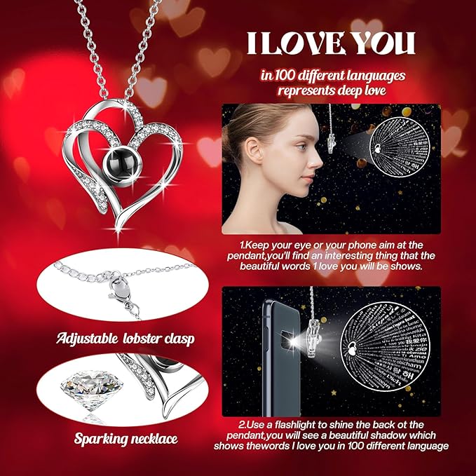 Pasuvsigt Mothers Day Mom Birthday Gifts for Women, Preserved Real Rose with I Love You Heart 100-Language Necklace, LED Lights & Music Box, Anniversary for Women Girlfriend Mom