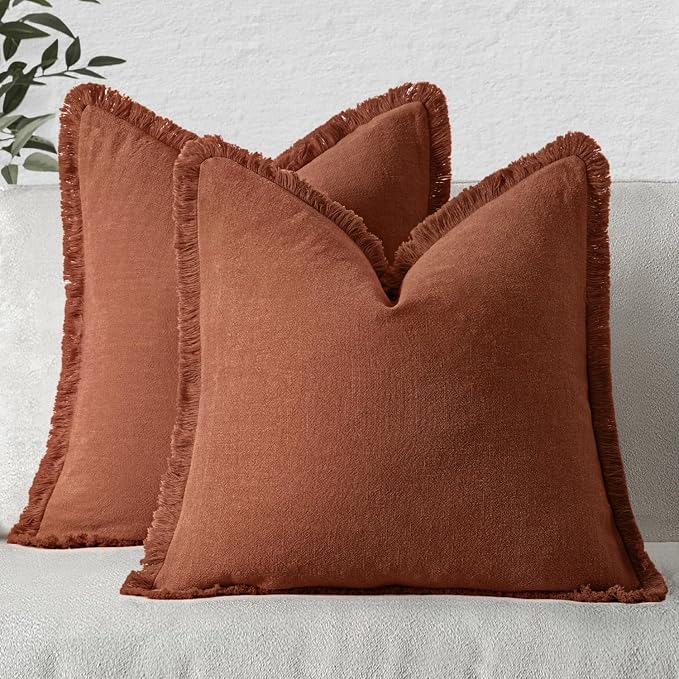 MIULEE Decorative Throw Pillow Covers Neutral Linen Fringe Throw Pillows Set of 2 Late Autumn Boho Farmhouse Cushion Covers for Couch Sofa Bed Living Room Fall Home Decor 20x20 Inch