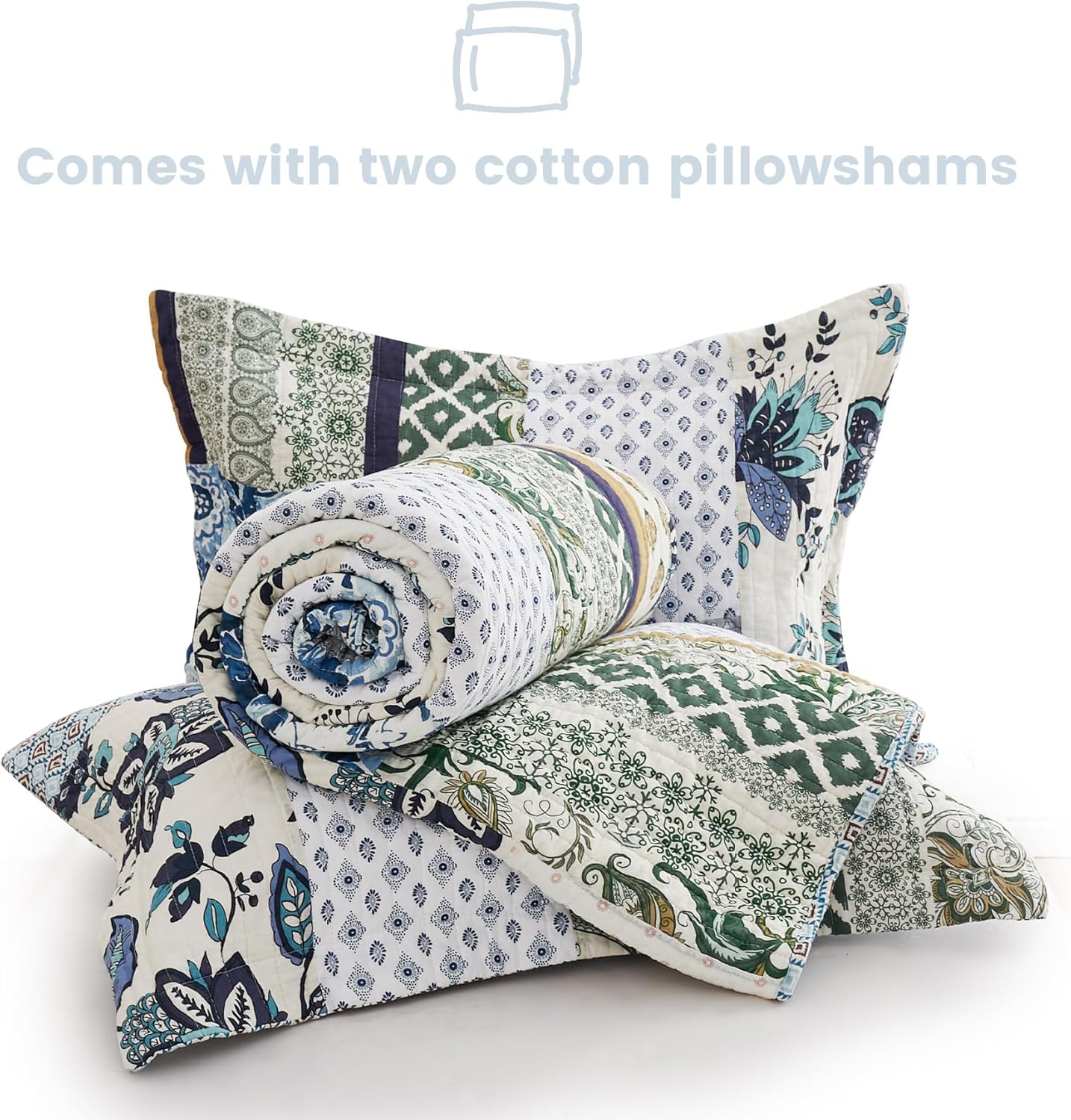 Secgo Queen Comforter Set for Bed - 100% Cotton Quilts Queen Size, Green, Sage Bedspreads (90 * 98 Inch) with 2 Pillow Shams, Patchwork Reversible Lightweight Bedding