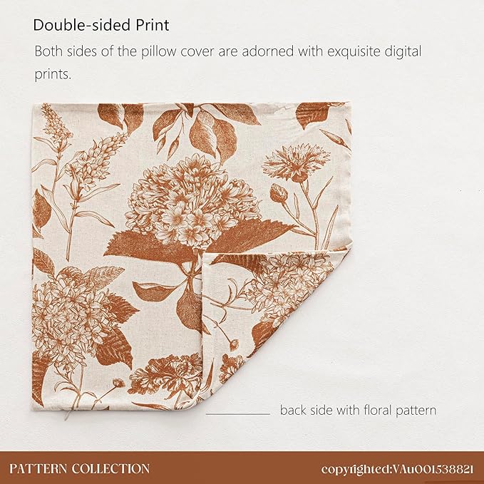 Foindtower Set of 2 Linen Floral Throw Pillow Covers Vintage Accent Print Decorative Cozy Cushion Covers Farmhouse Boho Home Decor for Sofa Chair Couch Bedroom Living Room,18×18 Inch,Autumn Orange