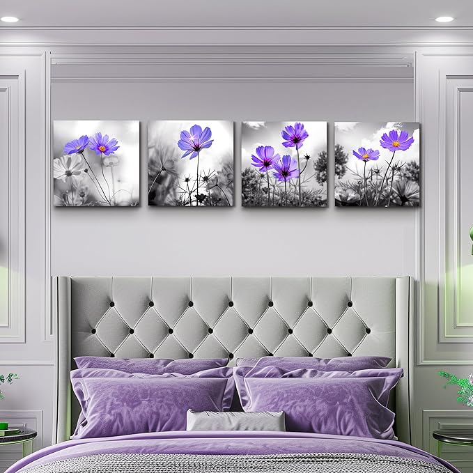 Wall Art For Living Room Black and White purple flower Canvas Wall Decor for Home Decor artwork painting 12" x 12" 4 Pieces Canvas Print For bedroom Decor Modern Salon kitchen Still Life Painting