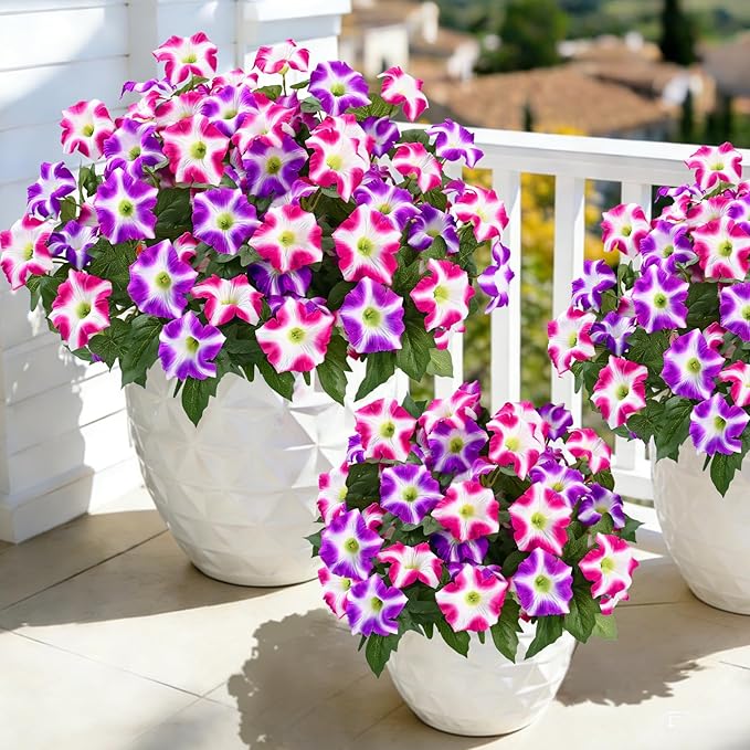 MARTINE MALL Artificial Flowers for Outdoors, 8 Bundles Realistic Fake Outdoor Flowers, UV Resistant Silk Petunia Flower for Outside Look Real Faux Flower Plants for Outdoor Porch, Fuchsia, Rose Red
