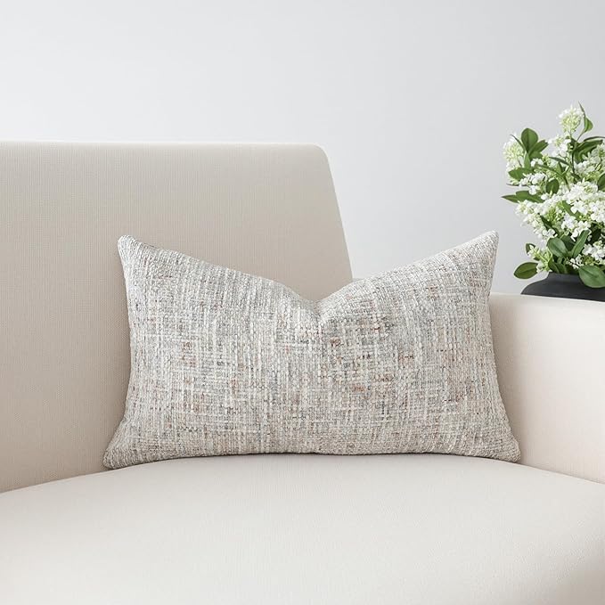 Textured Neutral Lumbar Pillow Cover 12x20 Inch Soft Woven Chenille Accent Boho Farmhouse Rectangle Decorative Throw Pillow Cover for Modern Home Decor Couch Sofa Chair Bedroom Living Room