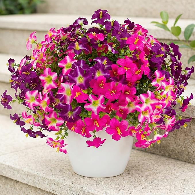 Daynight Faux Petunias Artificial Flowers Plants for Outdoor Plant Decoration,Fake Petunias Realistic Silk Flowers for Porch Yard Garden Window Indoor Decor. (16, Rosered,RedViolet)
