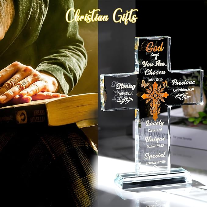Christian Cross Gifts for Women Men, Religious Gift for Friends, Mom - God Says You Are, Inspirational Bible Verses Glass Stand Cross Spiritual Home Desk Decor
