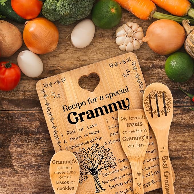 Grammy Gifts - "Recipe for a Special Grammy" Gifts for Grammy Cutting Board Set, Bamboo-Made Engraved Utensil Set Grammy Cutting Board, Mothers Day Gifts for Grammy.
