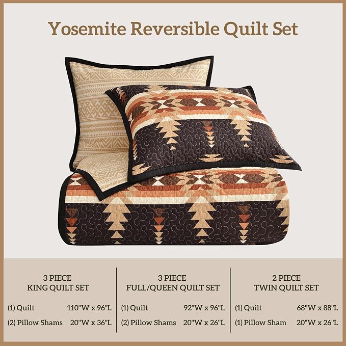 Paseo Road Yosemite Western Bedding 3 Piece Quilt Set with Pillow Shams, King Aztec Bedding Set, Tribal Southwestern Bedding, Geometric Pattern Cotton Reversible Bed Set