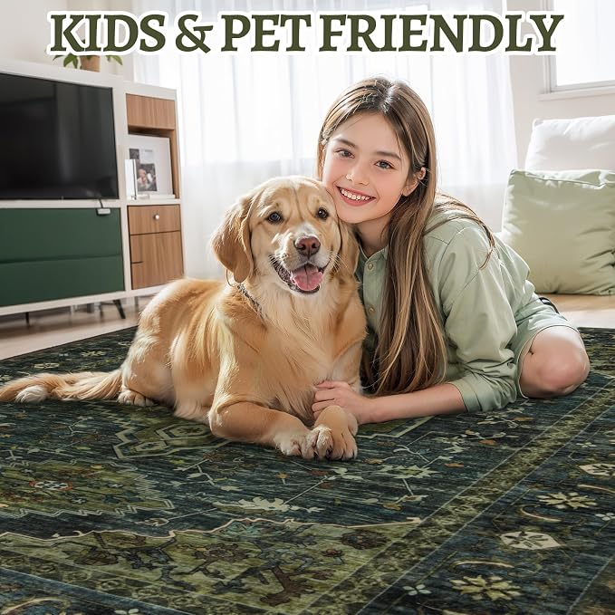 Tangsoo 3x8 Washable Runner Rug for Hallways, Non Slip Vintage Runner Rug, Soft Low Pile Long Rug Runner, Print Distressed Green Carpet Runners for Kitchen Bedroom Entryway Bathroom Living Room