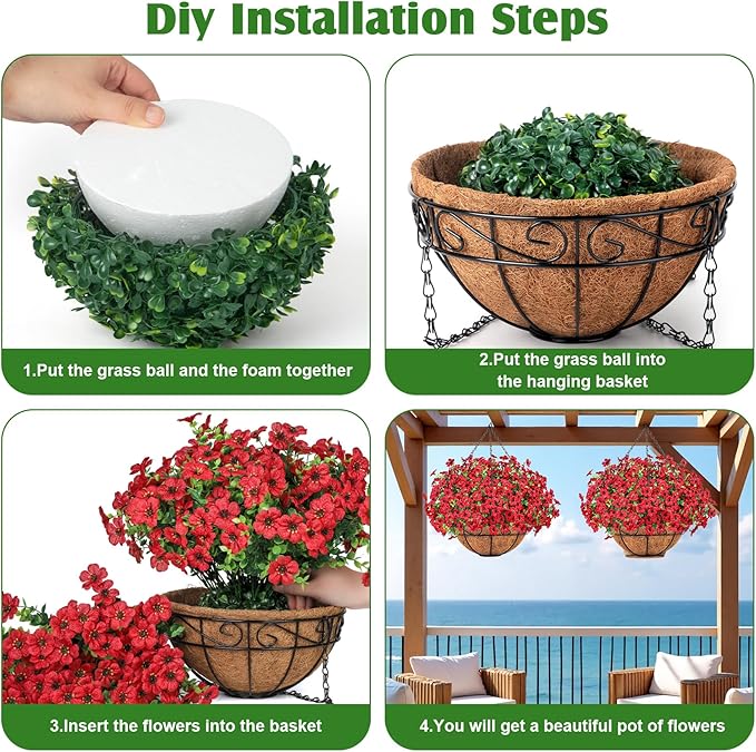 Ouddy Decor Artificial Hanging Flowers with Basket, Fake Hanging Plants with Faux Silk Flowers UV Resistant for Outdoors Indoors Spring Summer Porch Patio Balcony Yard Home Decorations, Red