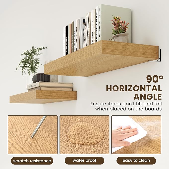 FLYJOE 30 Inch Floating Shelves | 12 Inch Deep Oak Floating Shelves | 30" W x 12" D Rustic Wood Shelves for Wall | Deep Oak Shelves for Living Room Bathroom Laundry Room Kitchen