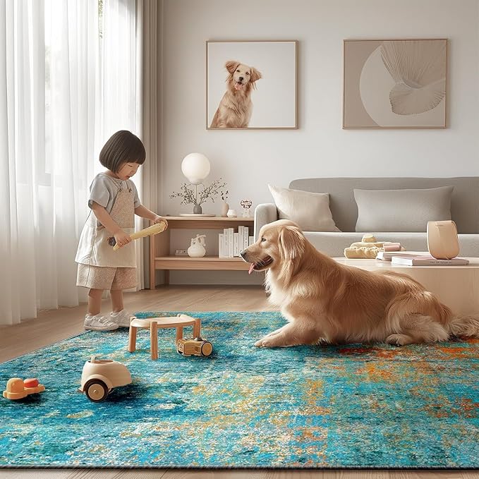 RELEANY Washable Area Rugs 2'x10' Non-Slip Modern Abstract Soft for Living Room Entryway Bedroom Nursery, Print Pattern, Teal Blue Green Orange Rust Red Coloreful