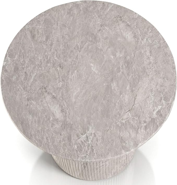24/7 Shop at Home Ranera Modern 17-inch Natural Stone Side Table with Round Pedestal Base, Marble Nightstand, Fluted Patio End Table, for Living Room, Covered Outdoor Spaces, Light Gray Travertine