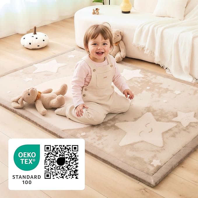 Hakuna Matte CloudRise Baby Play Mat for Floor 60" x 80" Moon & Stars – Coral Velvet Memory Foam Rug for Crawling & Cozy Play – Non-Slip, Water-Resistant, Easy-Care Tummy Time Mat, Playmat for Playpen