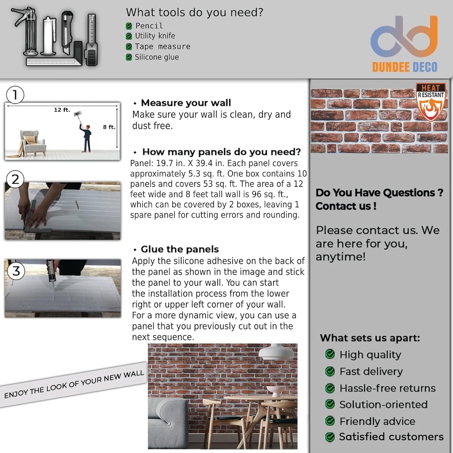 Dundee Deco 3D Wall Panels Faux Brick - Cladding, Mahogany Stone Look Wall Paneling, Styrofoam Facing for Living Room, Kitchen, Bathroom, Balcony, Bedroom, Set of 10, Covers 54 sq ft