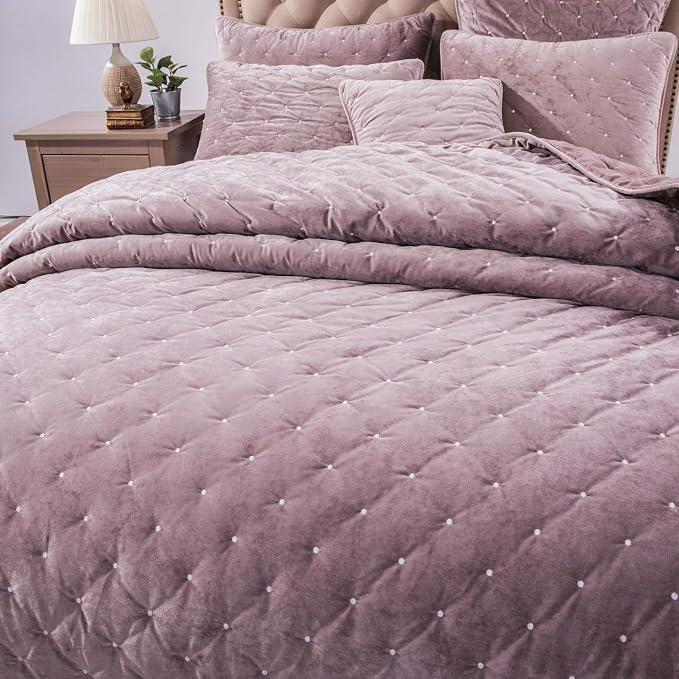 Tache Velvet Quilt Set Queen Size Luxurious Velveteen Velour Super Soft Plush Warm Cozy Diamond Tufted Polka Dot Quilted Coverlet Light Purple Mauve Bedspread Set, Queen